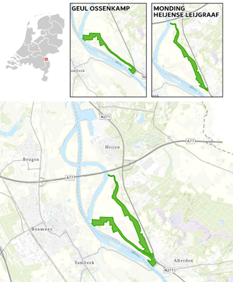 Je ziet een overzichtskaart linksboven van Nederland met een rode cirkel die de locatie aangeeft. Rechtsboven geven twee kleinere kaarten de 'Geul Ossenkamp' en de 'Monding Heijense Leijgraaf' weer.  De grote kaart hieronder laat beide gebieden op dezelfde kaart zien. De gemarkeerde gebieden zijn groen ingekleurd.